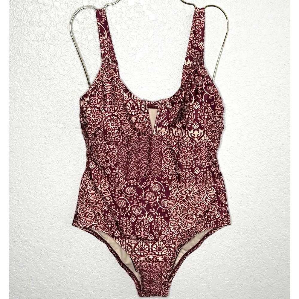 Kona Sol Red/Pink Geometric Print Keyhole Med Coverage One Piece Swimsuit M New!